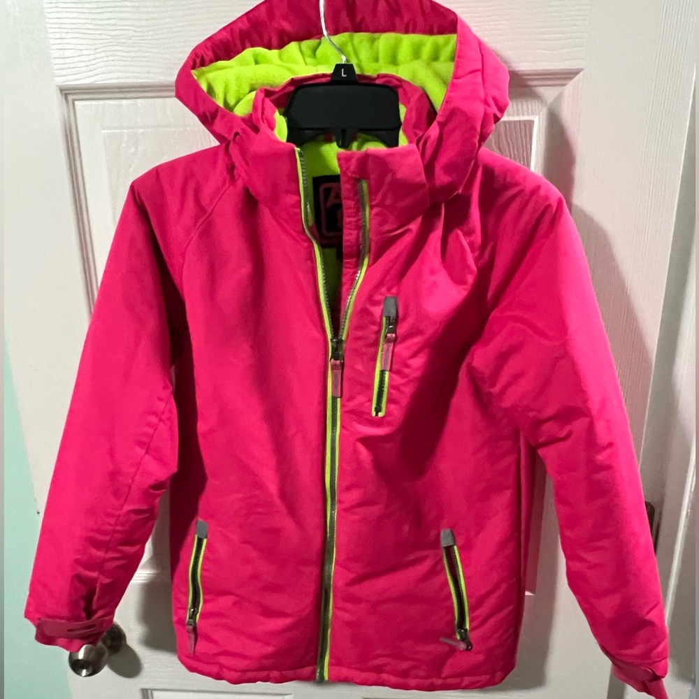 AQ Explore the Unknown Ski Detachable Hood Pink and Green Trim Jacket Coat.